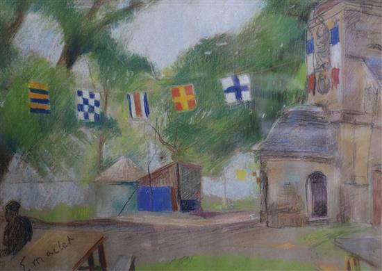 Ellsee Maclet (1181-1962), pastel, Bunting outside a French church, signed, 24 x 34cm